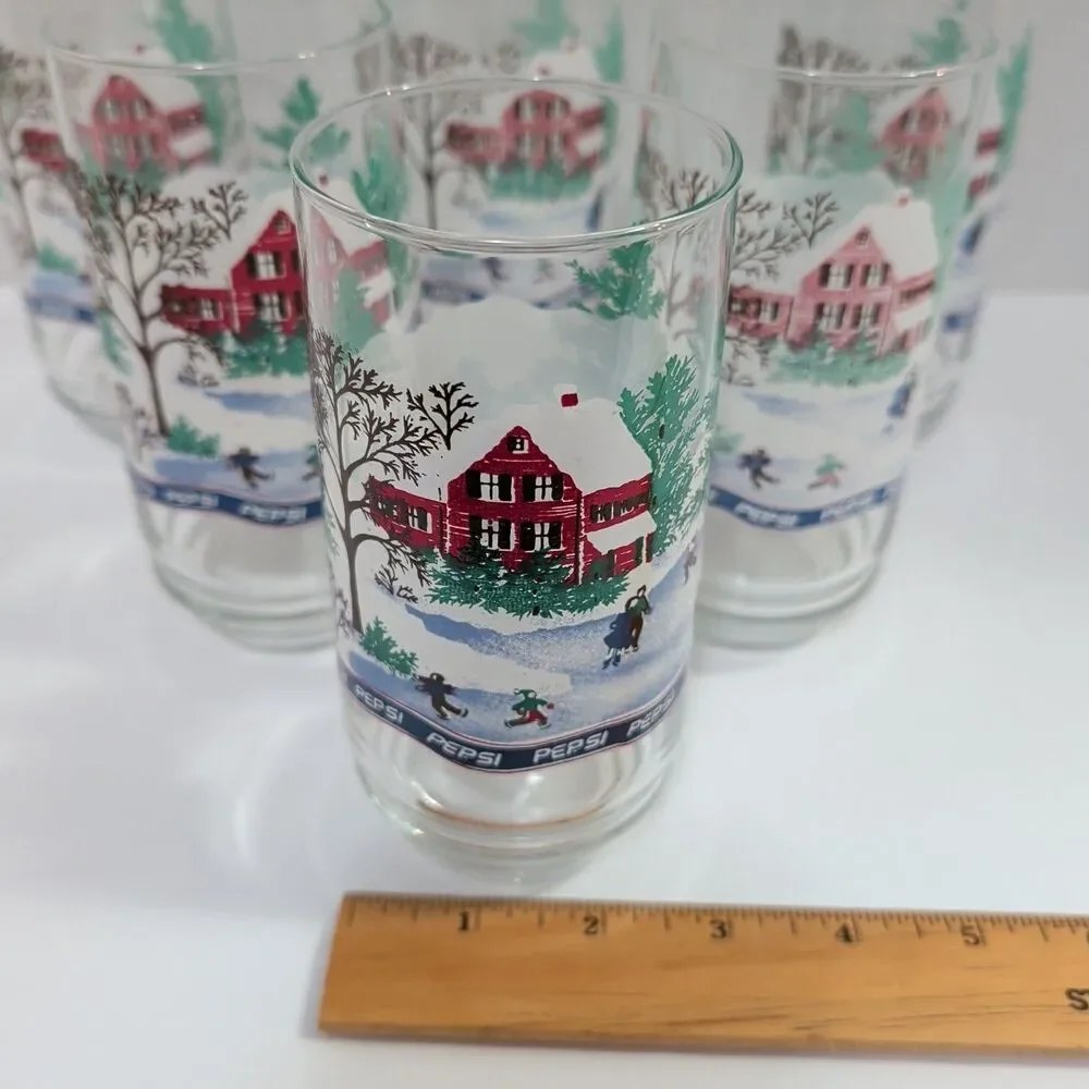 Vtg Pepsi Holiday 16oz Glasses Set of 6 Winter Cabin Snow Scene Retro